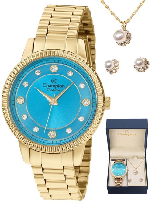 Kit Relógio Champion Visor Azul Strass Feminino Cn29829y