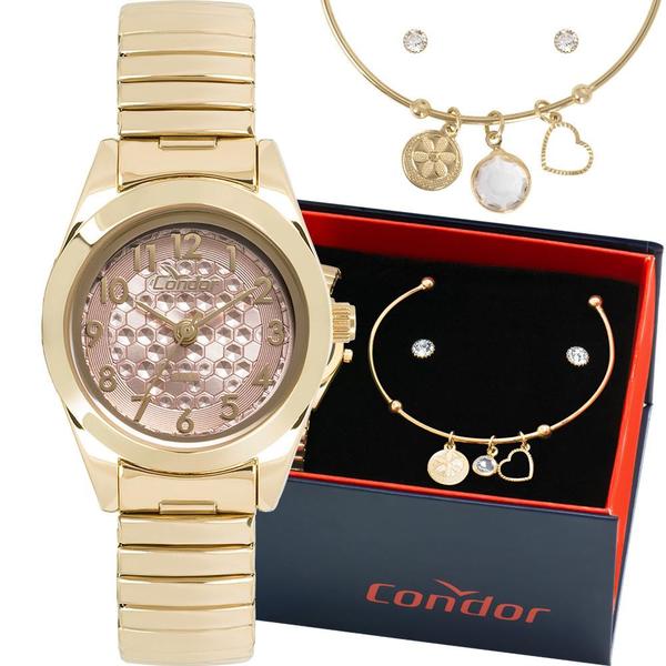 Kit Relógio Condor Feminino Dourado com Bracelete e Brincos CO2035KWG/K4T