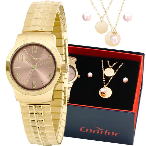 Kit Relógio Condor Feminino Dourado com Colar e Brincos CO2035KLZ/K4X