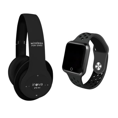 Kit Relógio Dagg Smartwatch Running Pro Fit e Headphone Inova Sem Fio Stereo Preto