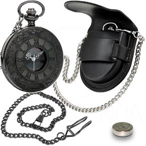 Kit Relógio de Bolso Black Steampunk + Corrente C/ Clip + Capa de Couro Preta + Bateria Extra