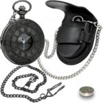 Kit Relógio de Bolso Black Steampunk + Corrente C/ Clip + Capa de Couro Preta + Bateria Extra