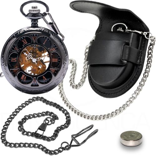 Kit Relógio de Bolso Mecânico Dark Steampunk C/ Clip + Capa de Couro Legítimo Preta