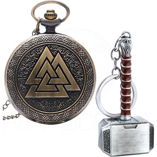 Kit Relógio de Bolso Valknut Asatru Nórdico + Chaveiro Símbolo Thor Deus do Trovão