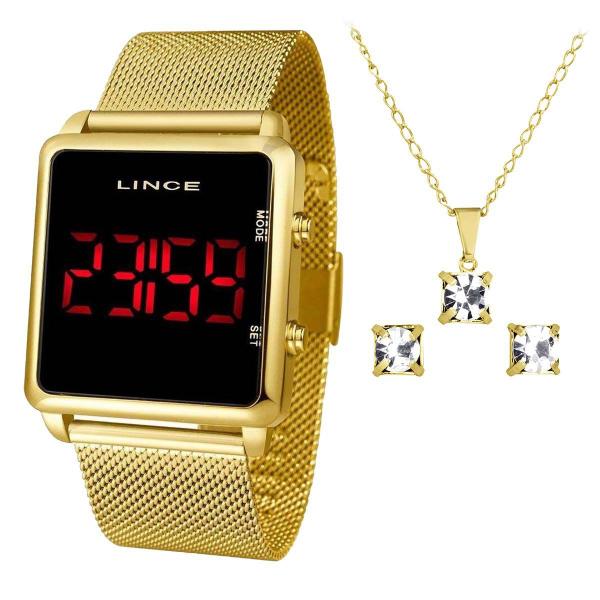 Kit Relógio Digital Led Lince Feminino MDG4596L PXKX Dourado