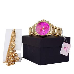 Kit Relógio e Pulseira Feminino Orizom Analógico Dourado Aço Inox