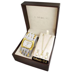 Kit Relógio Feminino Analógico Lince LQCK003L K513S2BX Branco e Conjunto de Colar e Brincos Folheados 18 K