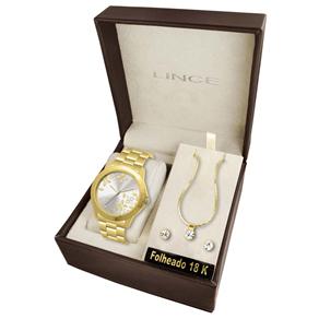 Kit Relógio Feminino Analógico Lince LRGK012LK052B1KX com Par de Brincos e Gargantilha - Dourado