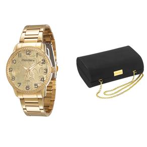 Kit Relógio Feminino Analógico Mondaine 12042LPMGDE1K1 Dourado e Clutch Preta