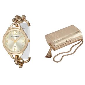 Kit Relógio Feminino Analógico Mondaine 12025LPMVDH2 - Dourado e Branco e Clutch Dourada