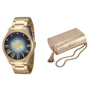 Kit Relógio Feminino Analógico Mondaine 60499LPMVDE1K Dourado e Clutch Dourada