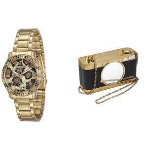 Kit Relógio Feminino Analógico Mondaine 69244LPMVDE1K1 Dourado e Clutch Preta
