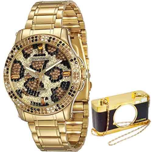 Kit Relógio Feminino Analógico Mondaine 69244LPMVDE1K1 Dourado e Clutch Preta