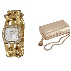 Kit Relógio Feminino Analógico Mondaine 76306LPMFDM1K Dourado e Clutch Dourada