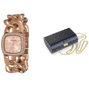 KIt Relógio Feminino Analógico Mondaine 76306LPMFRM2K Rosé e Clutch Azul-Marinho