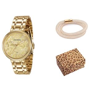 Kit Relógio Feminino Analógico Mondaine 76434LPMVDE1K1 Dourado e Pulseira Adorno Branca