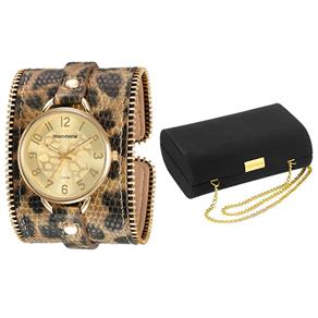 Kit Relógio Feminino Analógico Mondaine 76484LPMVDH1K1 Animal Print e Clutch Preta