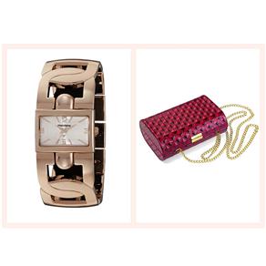 Kit Relógio Feminino Analógico Mondaine 76282LPMFRB2K Rosé e Clutch Bordô