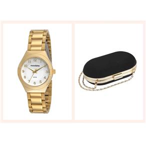 Kit Relógio Feminino Analógico Mondaine 78189LPMBDA1K Dourado e Clutch Preta