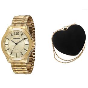 Kit Relógio Feminino Analógico Mondaine 83207LPMVDE1K Dourado e Clutch Coração