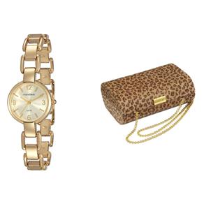 Kit Relógio Feminino Analógico Mondaine 83264LPMVDM1K1 Dourado e Clutch Animal Print