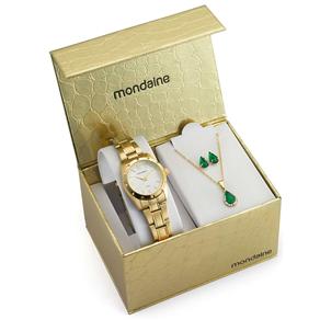 Kit Relógio Feminino Analógico Mondaine 94499LPMTDS3K Dourado e Conjunto de Brincos e Gargantilha Trevo Verde