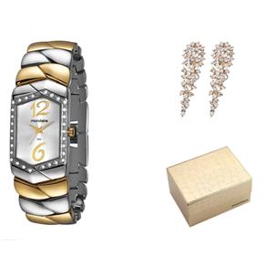 Kit Relógio Feminino Analógico Mondaine 94588LPMNBM2K Cromado e Dourado e Par de Brincos Cascata Strass Clear