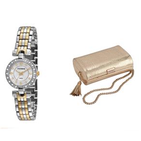 Kit Relógio Feminino Analógico Mondaine 94616LPMTBM2K Cromado e Dourado e Clutch Dourada