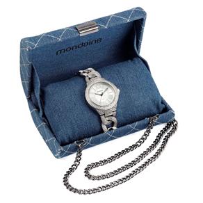 Kit Relógio Feminino Analógico Mondaine 94626L0MVNB2K Cromado e Clutch Azul