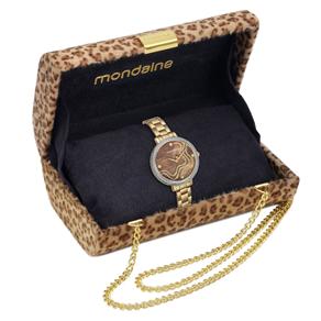 Kit Relógio Feminino Analógico Mondaine 94684LPMVDE2KA Dourado e Clutch Animal Print