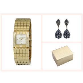 Kit Relógio Feminino Analógico Mondaine 94388LPMNDM3K e Par de Brincos Azul-Escuro Ouro Velho