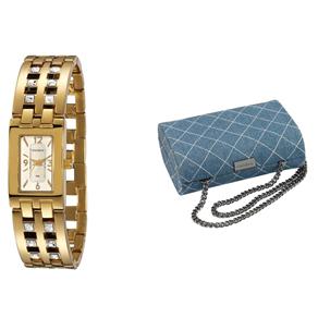 Kit Relógio Feminino Analógico Mondaine Dourado 94570LPMNDM1K e Clutch Azul