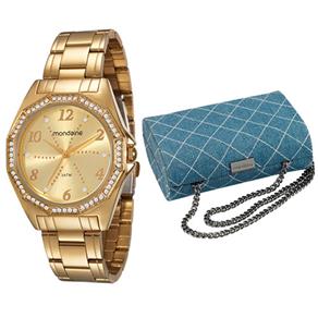 Kit Relógio Feminino Analógico Mondaine Dourado 94581LPMEDE1K1 e Clutch Azul