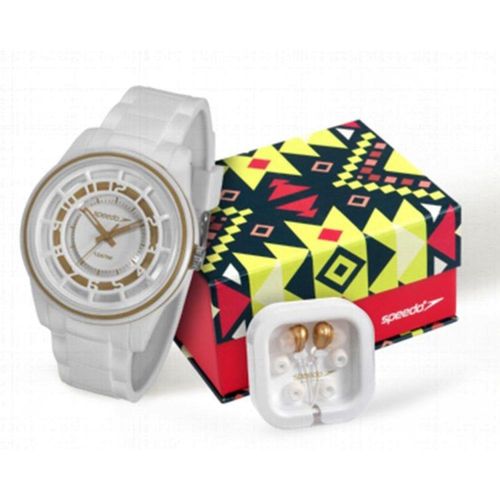 Kit Relogio Feminino Branco Esportivo Speedo Detalhe Dourado