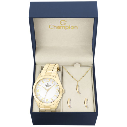 Kit Relógio Feminino Champion Cn25216w Analógico Dourado Colar e Brincos