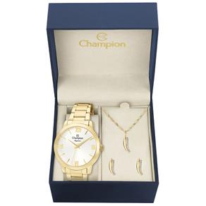 Kit Relógio Feminino Champion Cn25403W Analógico Dourado Colar e Brincos