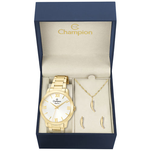 Kit Relógio Feminino Champion Cn25403w Analógico Dourado Colar e Brincos