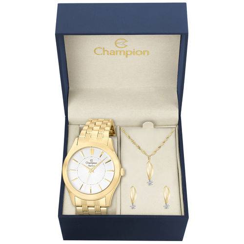 Kit Relógio Feminino Champion Cn25378w Analógico Dourado Colar e Brincos