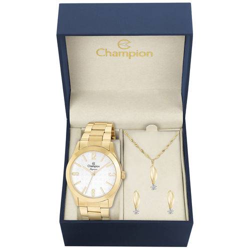 Kit Relógio Feminino Champion Cn26546w Analógico Dourado Colar e Brincos