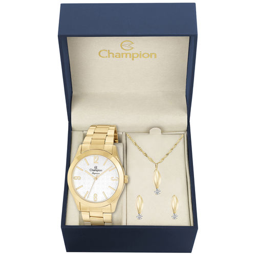 Kit Relógio Feminino Champion Cn26546w Analógico Dourado Colar e Brincos