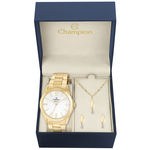 Kit Relógio Feminino Champion Cn26546w Analógico Dourado Colar e Brincos