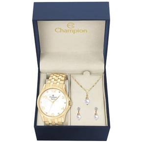 Kit Relógio Feminino Champion Cn26260W Analógico Dourado Colar e Brincos