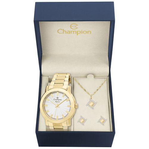 Kit Relógio Feminino Champion Cn26617w Analógico Dourado Colar e Brincos