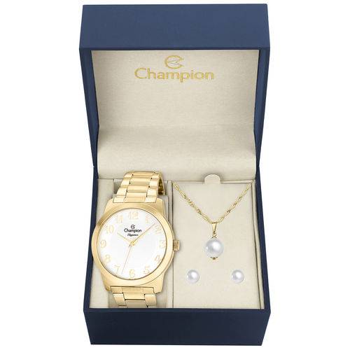 Kit Relógio Feminino Champion Cn26386w Analógico Dourado Colar e Brincos