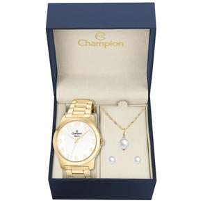 Kit Relógio Feminino Champion Cn26386W Analógico Dourado Colar e Brincos