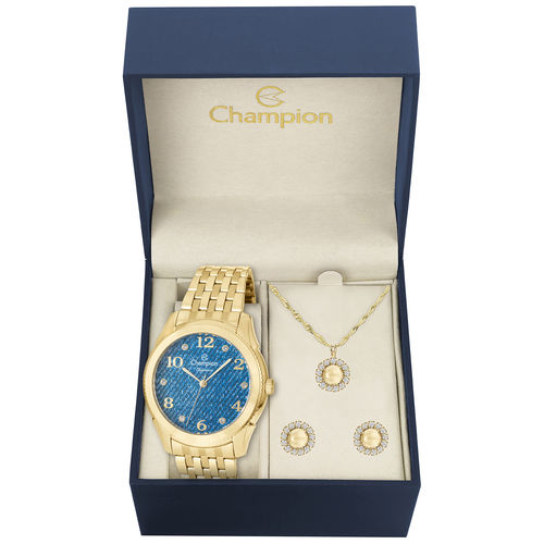 Kit Relógio Feminino Champion Cn26984k Elegance Analógico Dourado Colar e Brincos