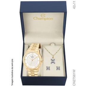 Kit Relógio Feminino Champion CN27581W Elegance Analógico Dourado Colar e Brincos