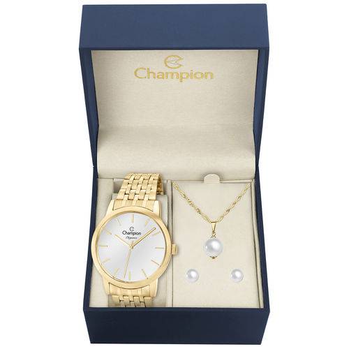 Kit Relógio Feminino Champion Cn27732w Analógico Dourado Colar e Brincos