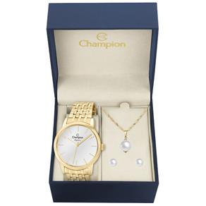 Kit Relógio Feminino Champion Cn27732W Analógico Dourado Colar e Brincos