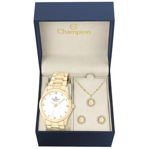 Kit Relógio Feminino Champion Cn27983W Analógico Dourado Colar e Brincos